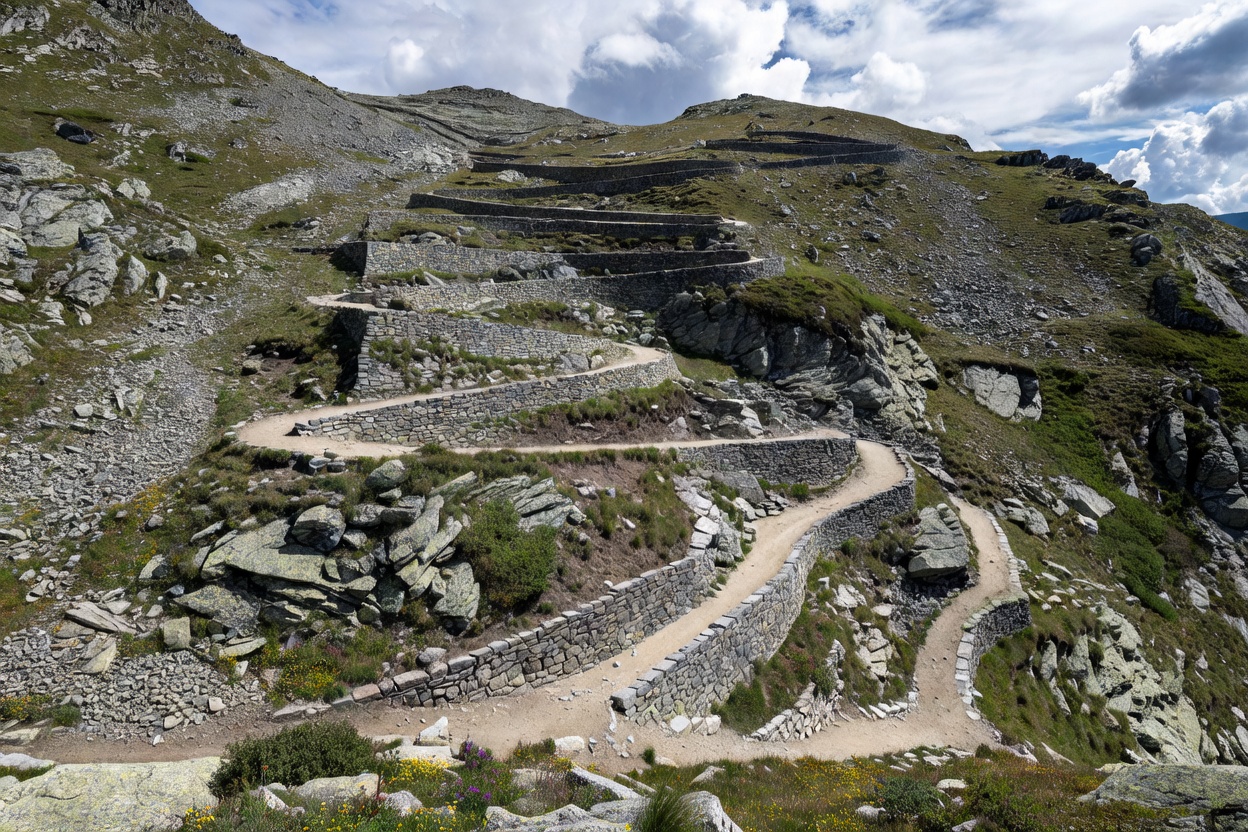 Series of tight mountain switchbacks climbing a rocky alpine slope