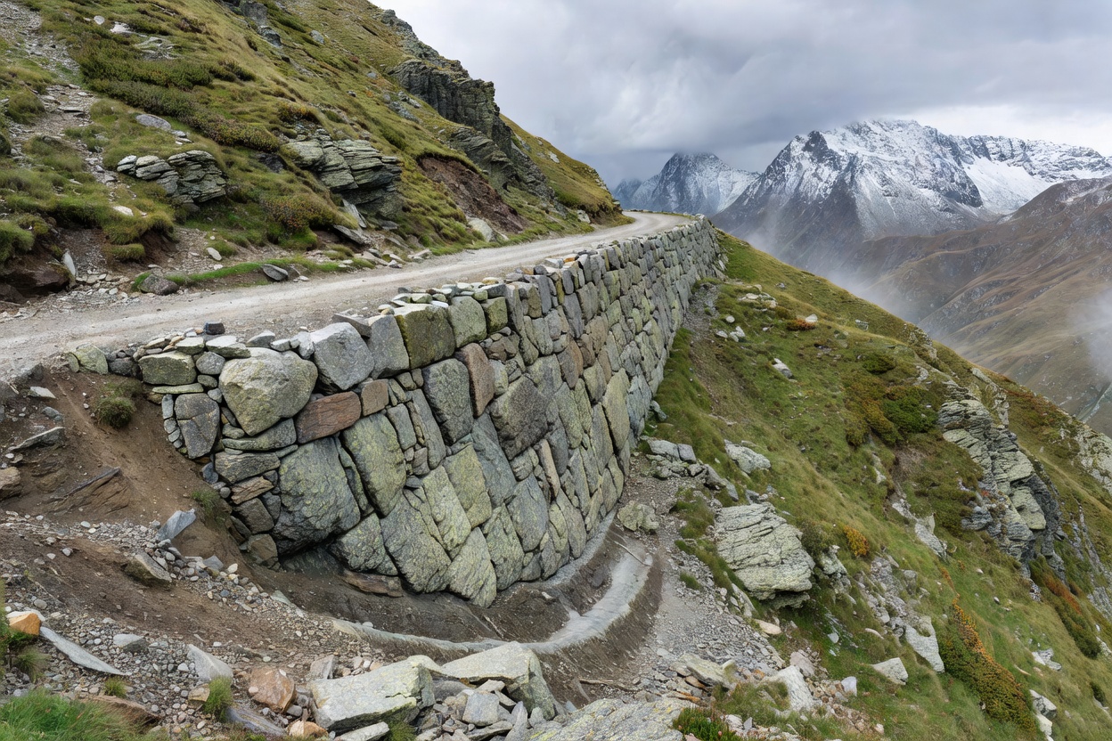 Mountain road supported by a stone retaining wall above a steep alpine slope
