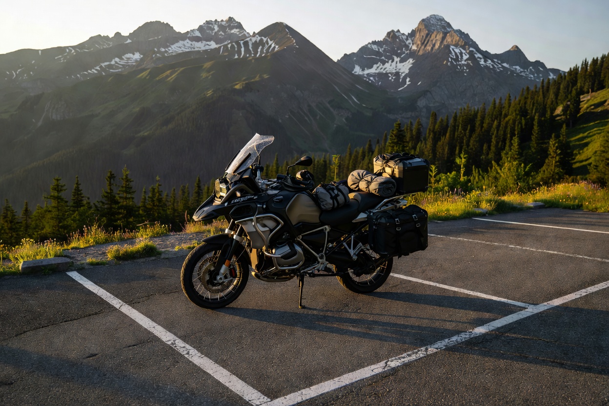 Touring motorcycle parked in a marked alpine rest area with luggage secured