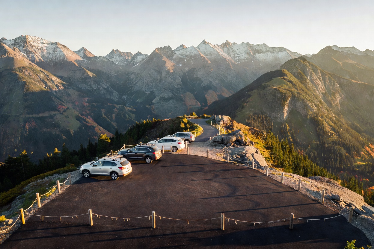 Designated mountain viewpoint with paved parking safely set back from the road